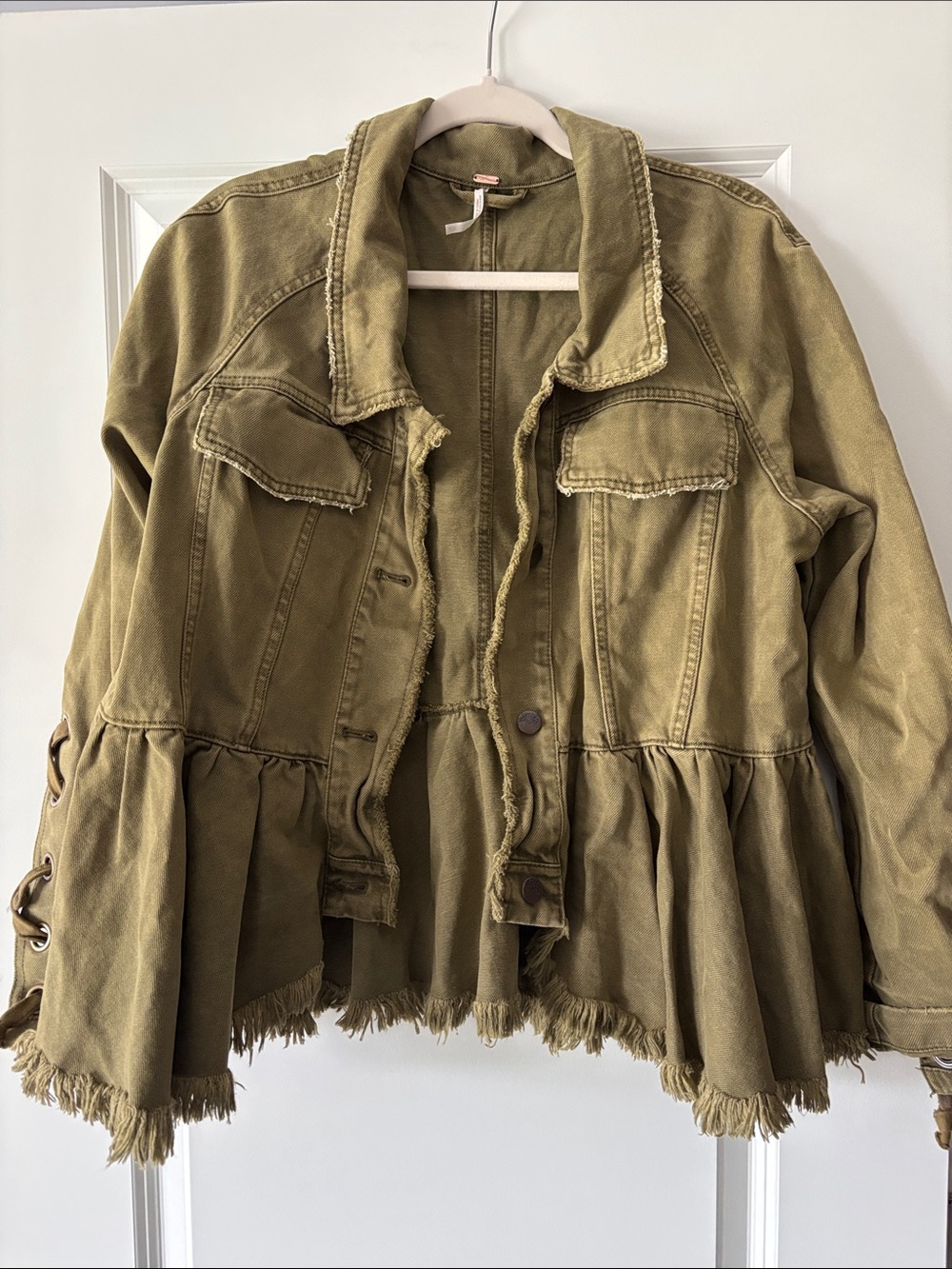 Free People Olive Green Ruffle-Hem Utility Jacket